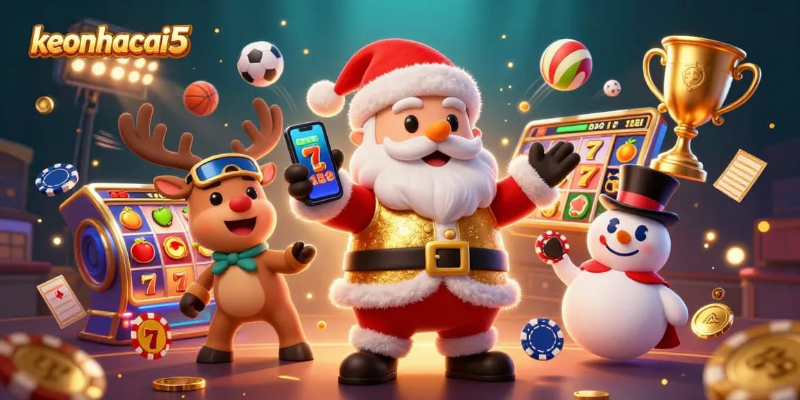 Experience the thrill of keonhacai5 jackpots with Santa and friends in a vibrant casino illustration