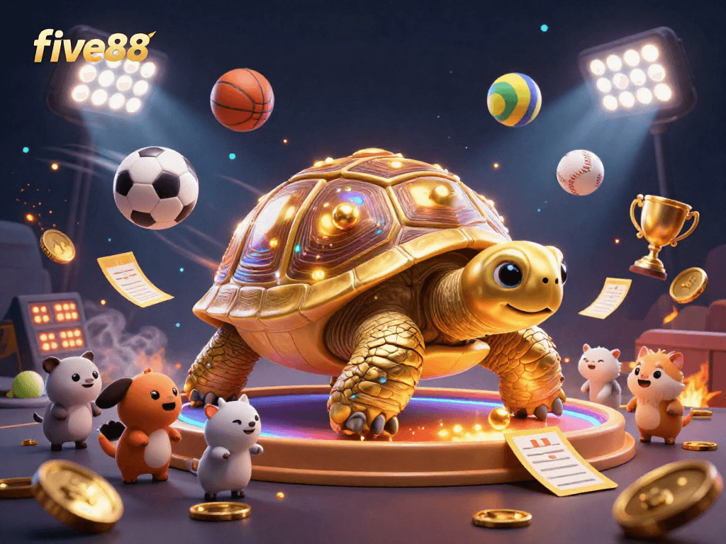 Experience the thrill of five88 with a dynamic casino scene featuring a golden tortoise pinball machine.