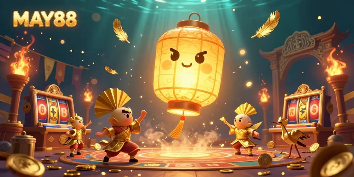 MAY88 shines in a vibrant casino scene filled with golden lanterns, warriors, and rich betting elements.
