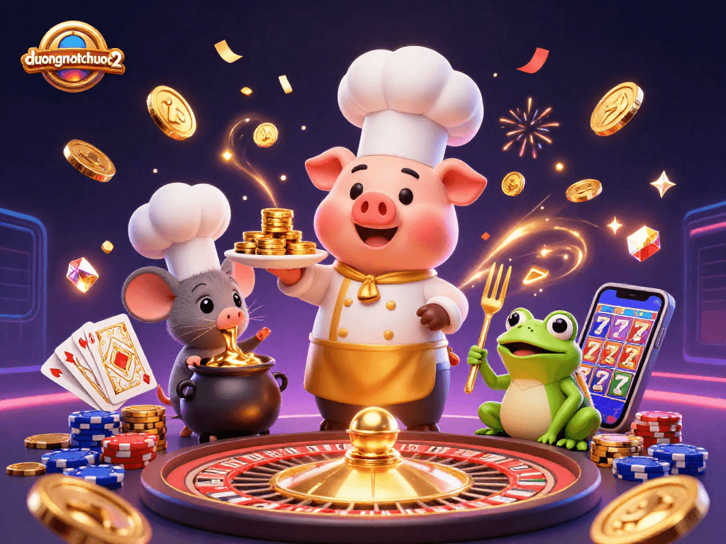 Experience duongmatchuoc2 as a 3D chef pig serves gourmet coins amidst dynamic casino elements.