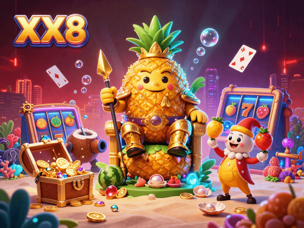 Engage with winning strategies at XX8's vibrant casino featuring golden pineapple king and dynamic slot games.