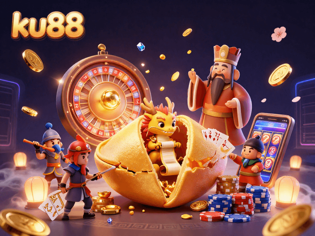 ku88 casino illustration featuring a golden fortune cookie, dragon, and poker elements for gamers.