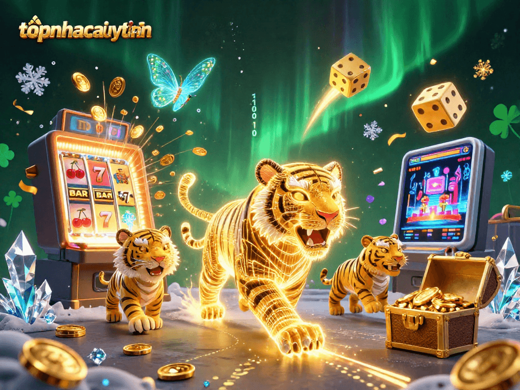 Experience thrilling moments with topnhacaiuytinn in this vibrant 3D casino scene featuring a golden tiger and golden dice.
