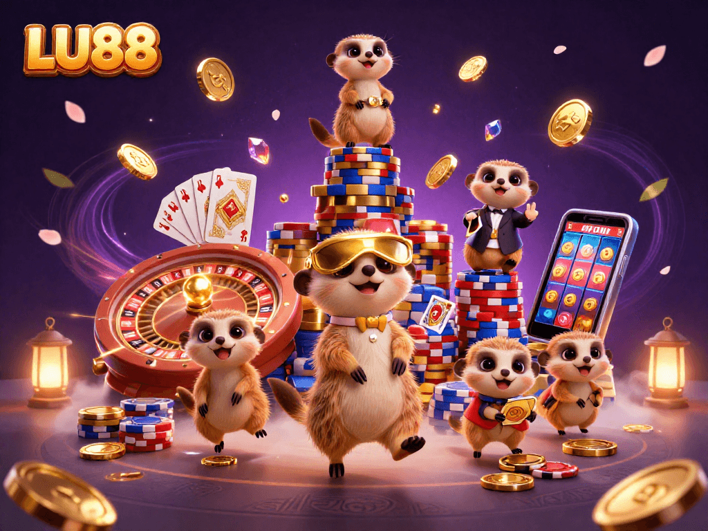 Enjoying the excitement of LU88's casino games with meerkats in a vibrant 3D illustration.