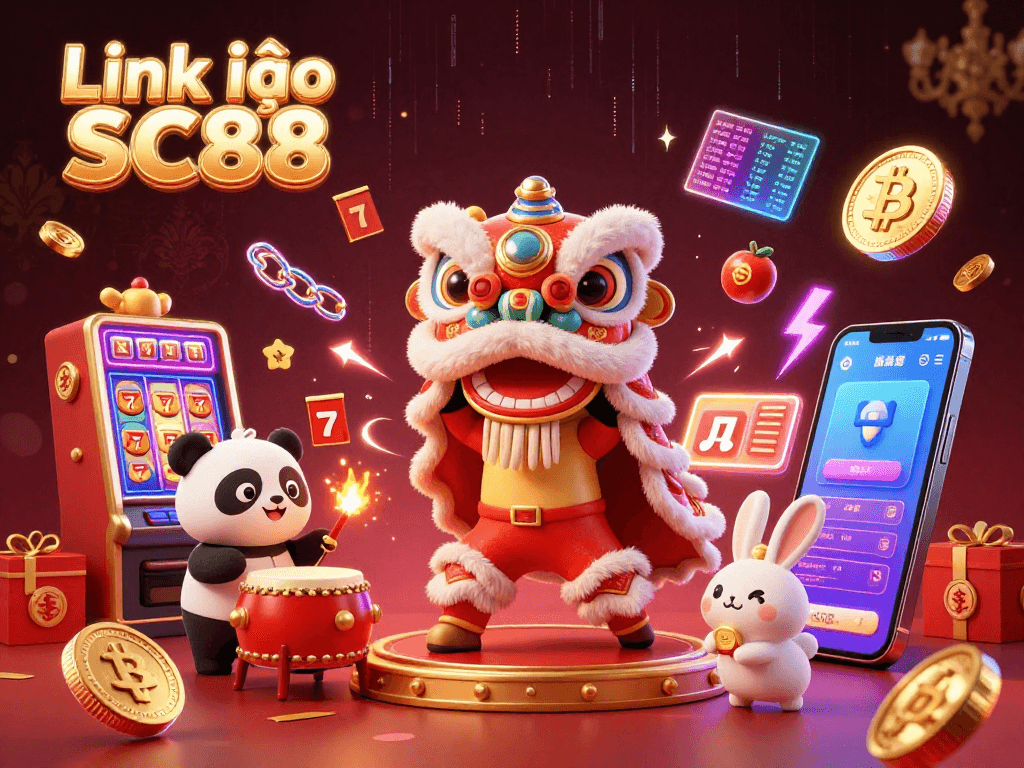 Join the excitement with Link vào SC88 as cute characters perform a vibrant lion dance amidst neon crypto elements.
