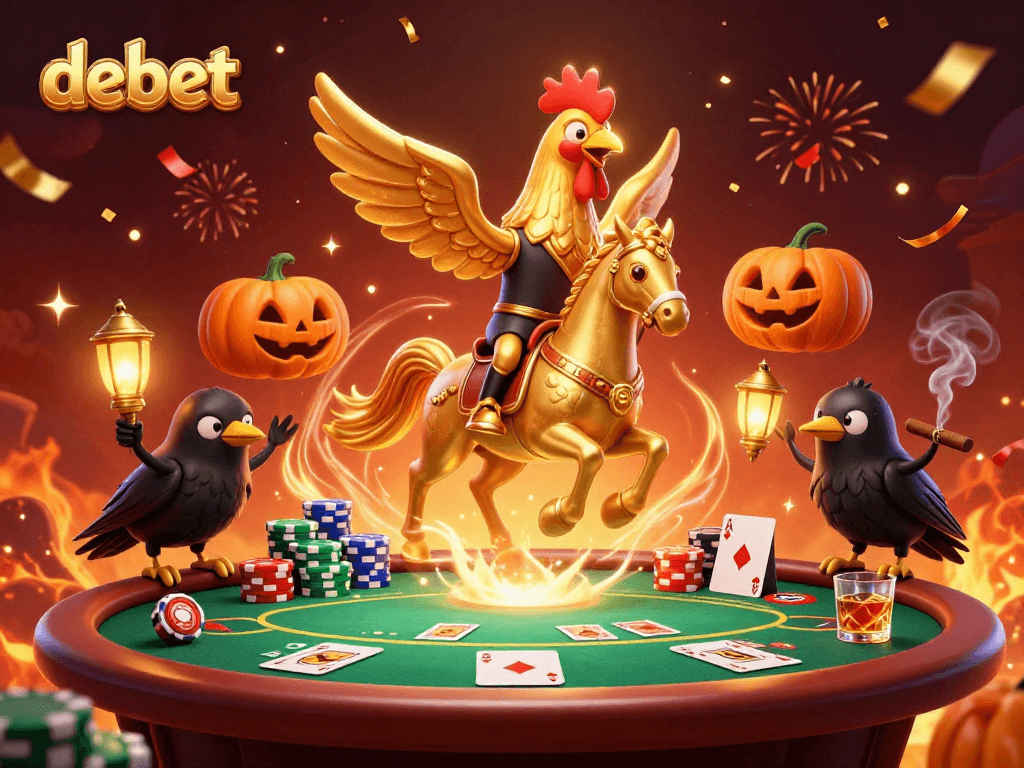 Immerse in the thrilling debet gaming experience featuring a golden rooster and vibrant casino elements.