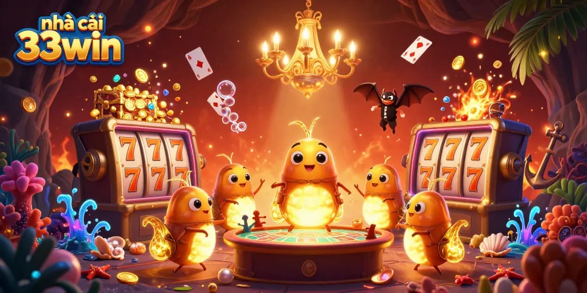 Engaging interactive scene from nhà cái 33win, showcasing glowworms in a vibrant cave casino.