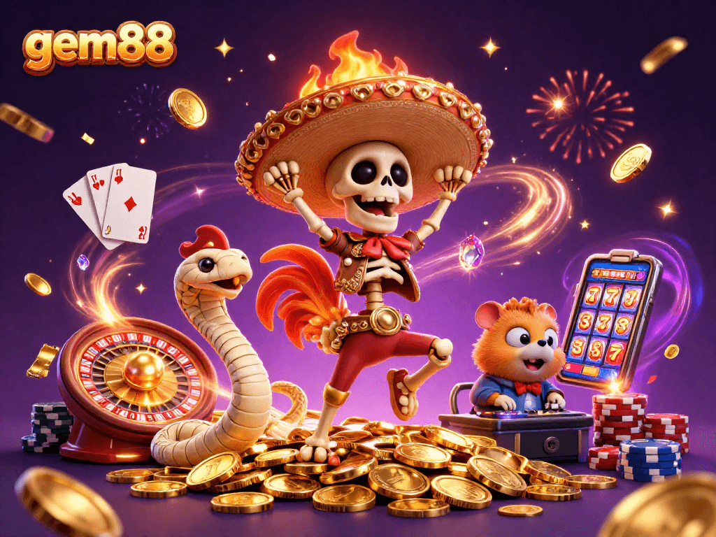 Join the celebration at gem88 with a festive 3D casino illustration of a skeleton mariachi rooster, mummy snake, and zombie DJ!