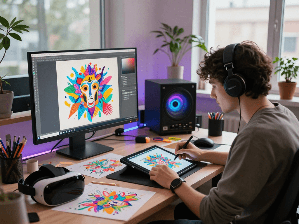 Creating unique nsfw ai art in a vibrant artist's studio with digital tools.