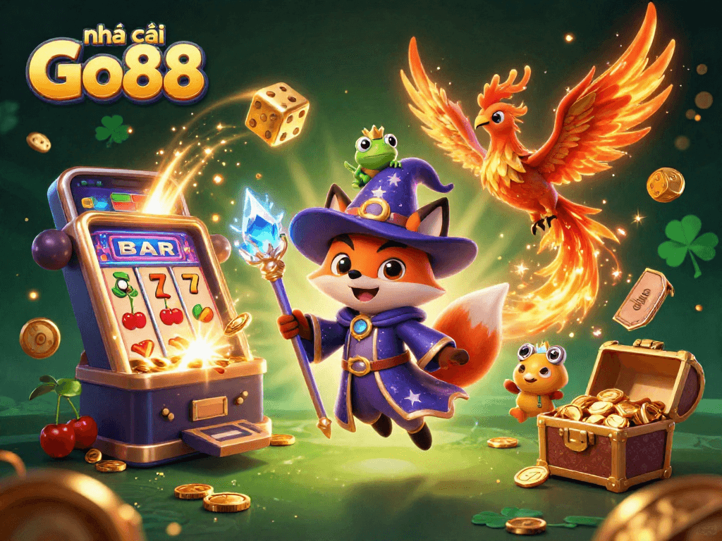 Engage with nhà cái Go88 through a vibrant 3D illustration featuring a wizard fox, phoenix, and gaming elements.