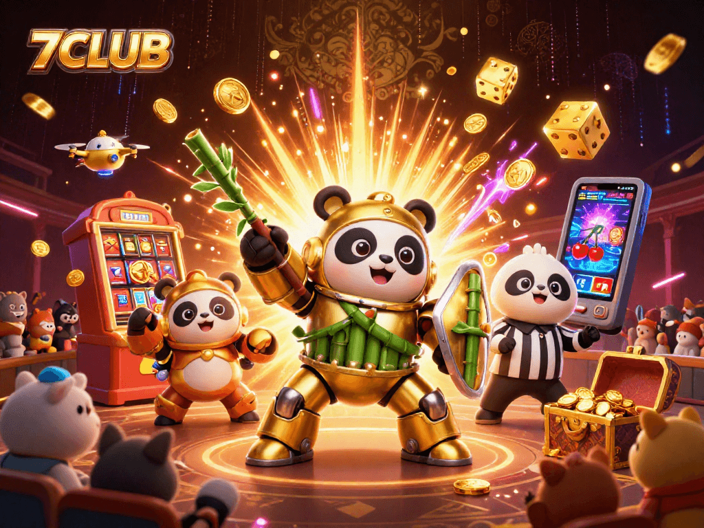 Experience jackpot thrills with 7CLUB's golden panda and exciting slot machines in a lively setting