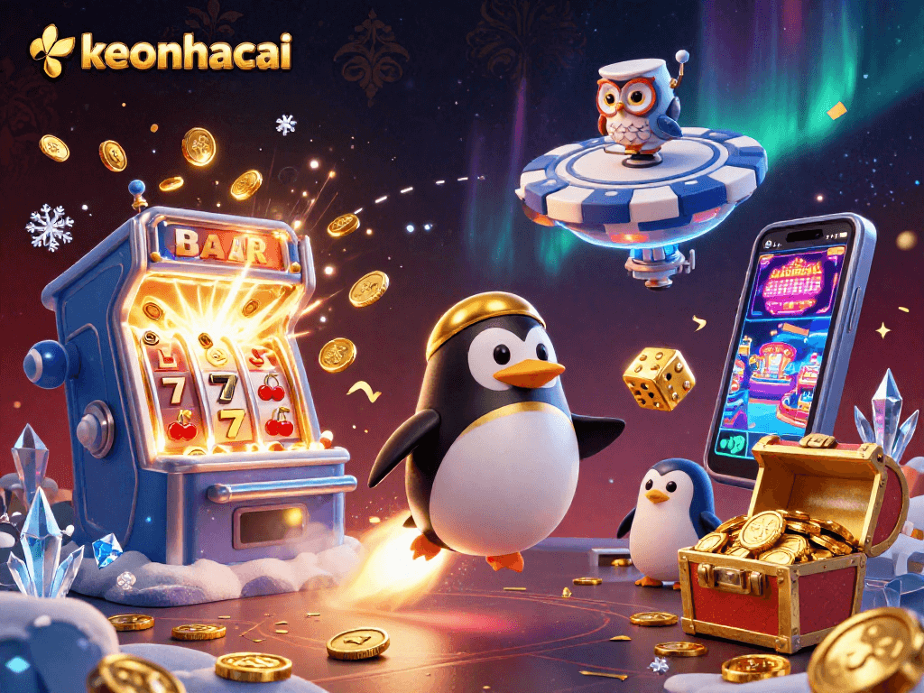 Experience keonhacai with the golden penguin racing through a vibrant casino-themed galaxy.