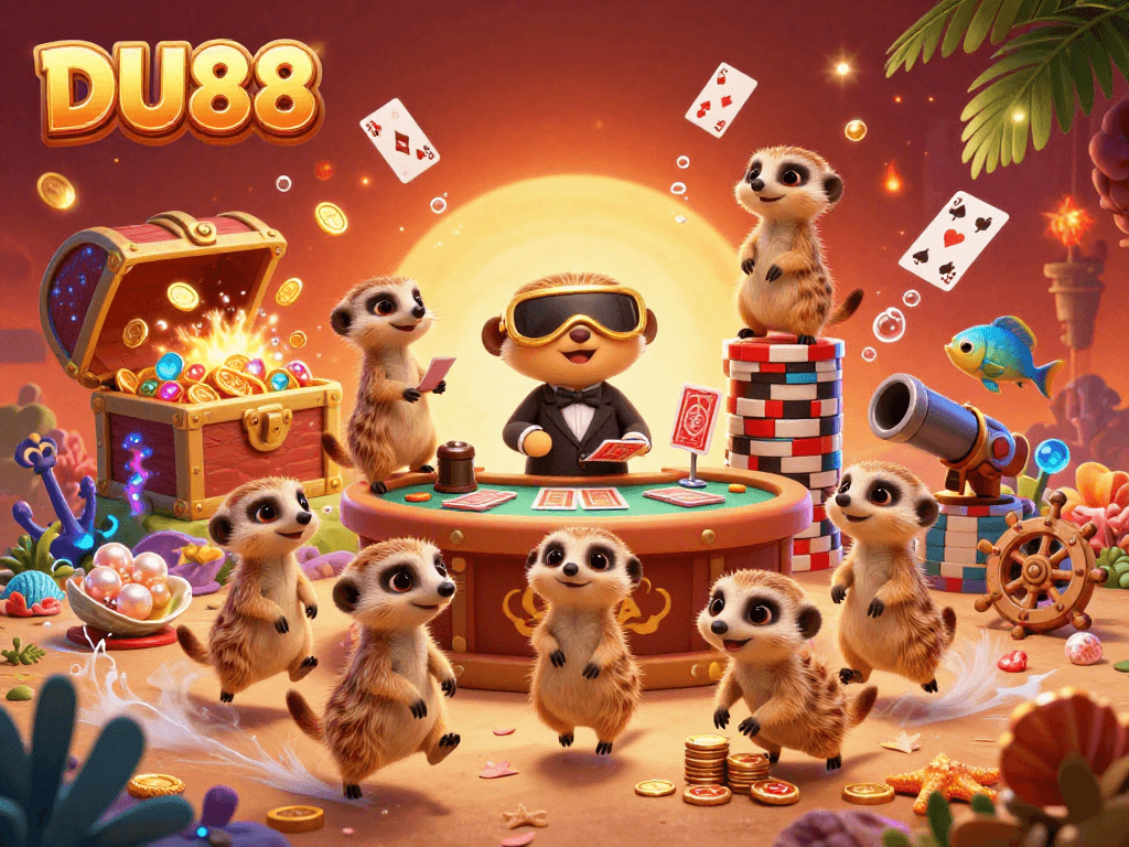 Experience the excitement at DU88 with lively meerkats managing a casino under shimmering treasures.