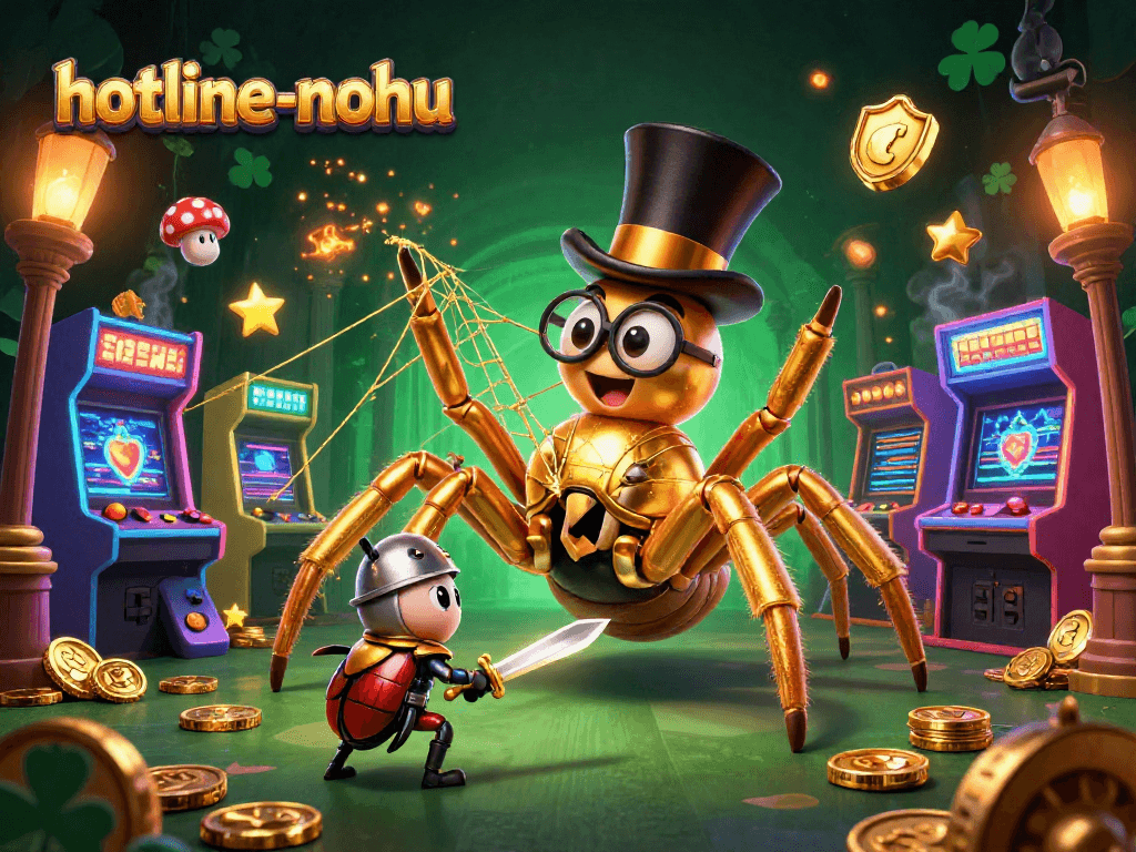 Experience the thrill of hotline-nohu with a golden tarantula and beetle knight in a vibrant casino scene.