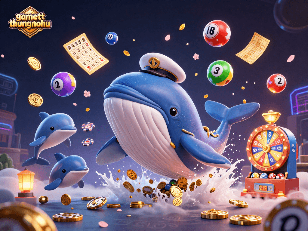 Experience gamethuongnohu as playful dolphins and a gigantic whale interact amidst vibrant lottery balls and casino elements.