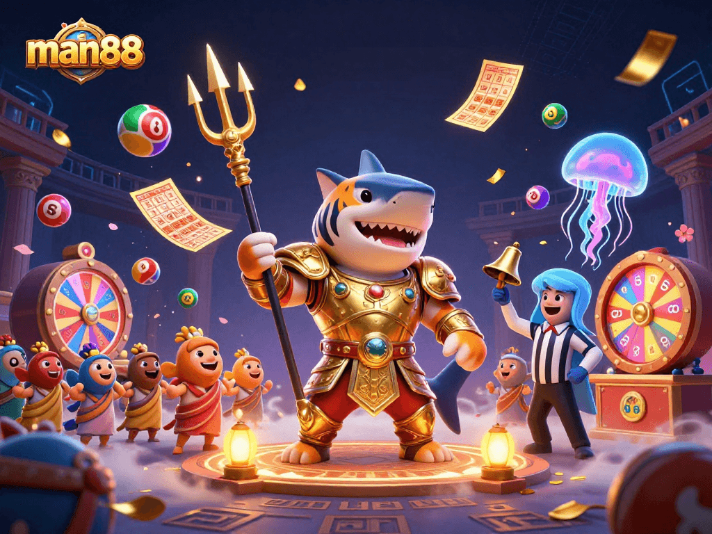 Play with man88's vibrant lottery elements, featuring a tiger shark in a dynamic casino scene.