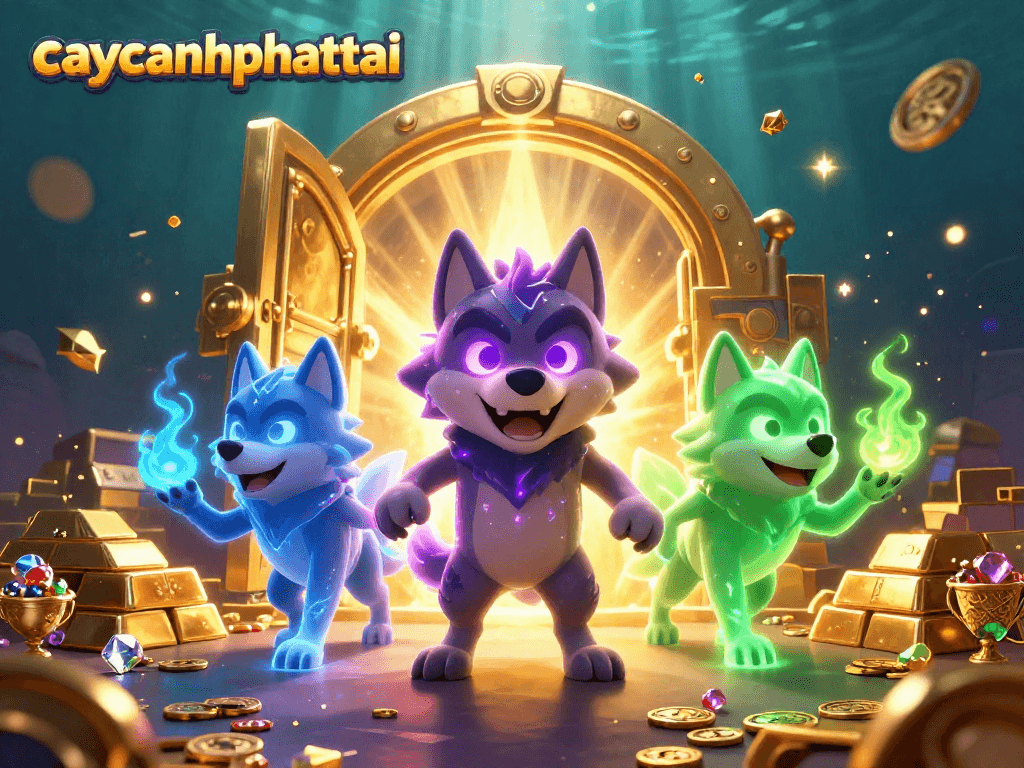 Engage in the thrilling gameplay of caycanhphattai surrounded by luminous treasures and spectral wolves.