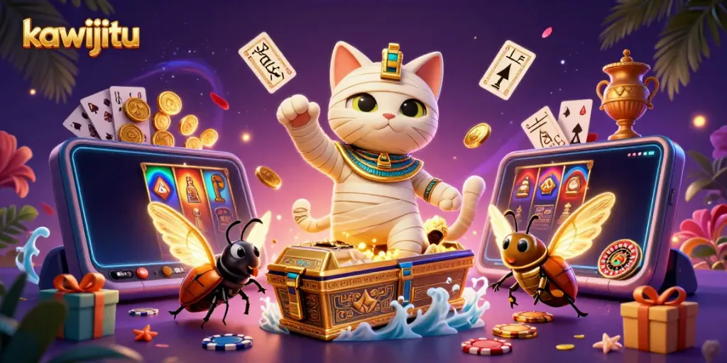 Join the thrilling slots experience with kawijitu featuring a vibrant Egyptian casino scene.