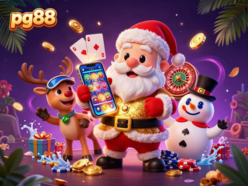 Engage with pg88's vibrant casino atmosphere featuring Santa, a reindeer, and a snowman enjoying jackpot slots.