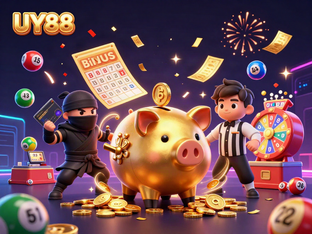 Experience thrilling wins with UY88's vibrant casino atmosphere, featuring lively characters and festive elements.