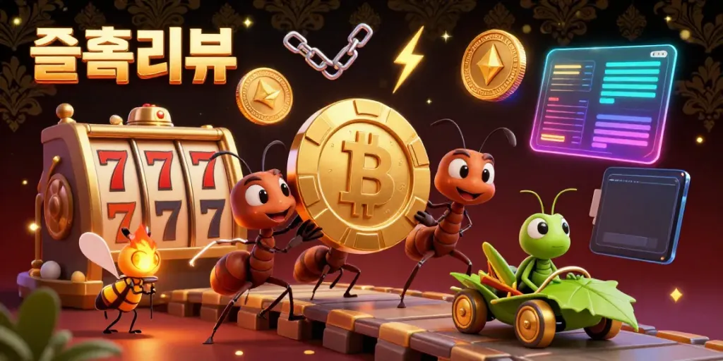 Engage with 슬롯리뷰 by exploring a dynamic heist scene featuring ants carrying a giant poker chip surrounded by vibrant gaming symbols.