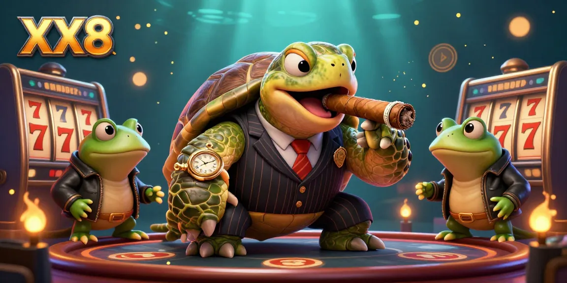 Experience the thrill of XX8 with a 3D cartoon casino scene featuring a snapping turtle mobster, jackpot slots, and magical lights.
