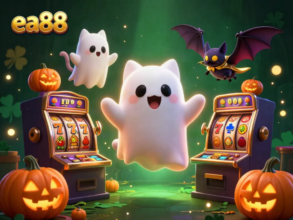Engage with ea88's thrilling haunted casino scene featuring a ghost cat and vampire bat.