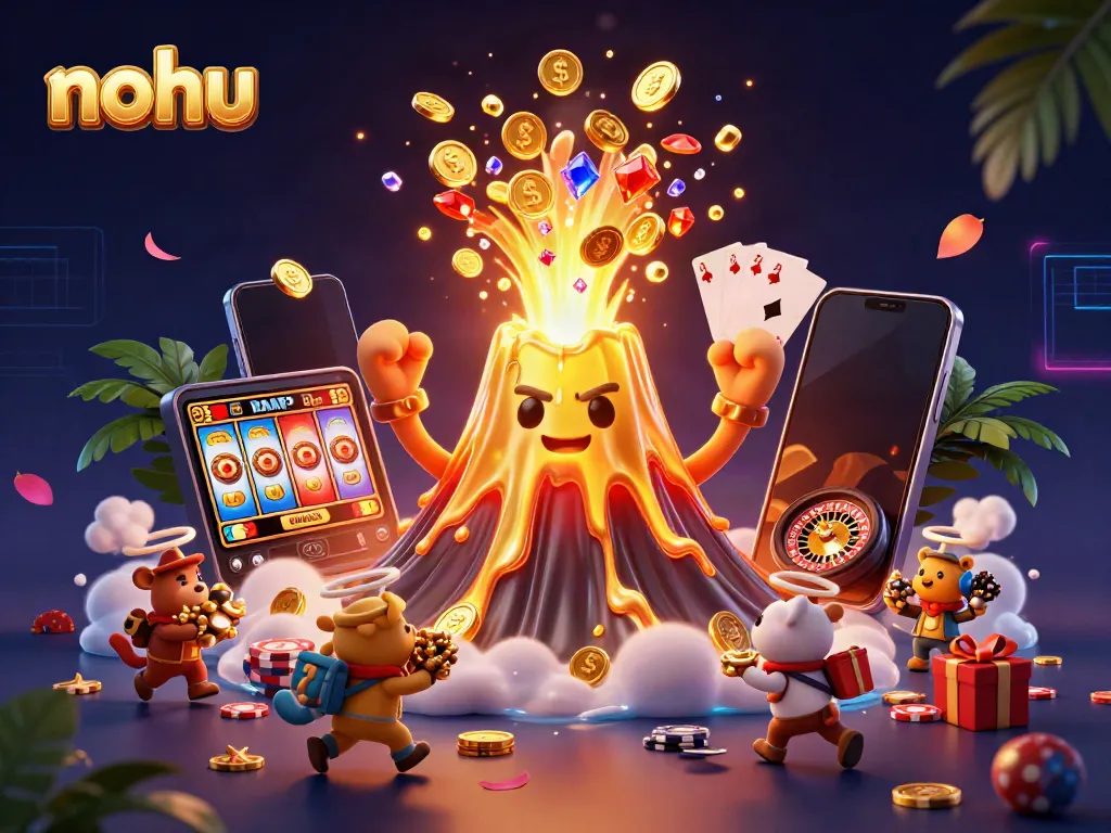 Spin the nohu jackpot with an erupting volcano pouring coins amidst colorful casino elements.
