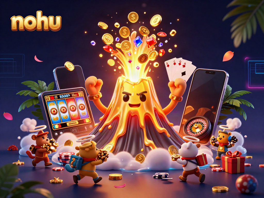 Spin the nohu jackpot with an erupting volcano pouring coins amidst colorful casino elements.