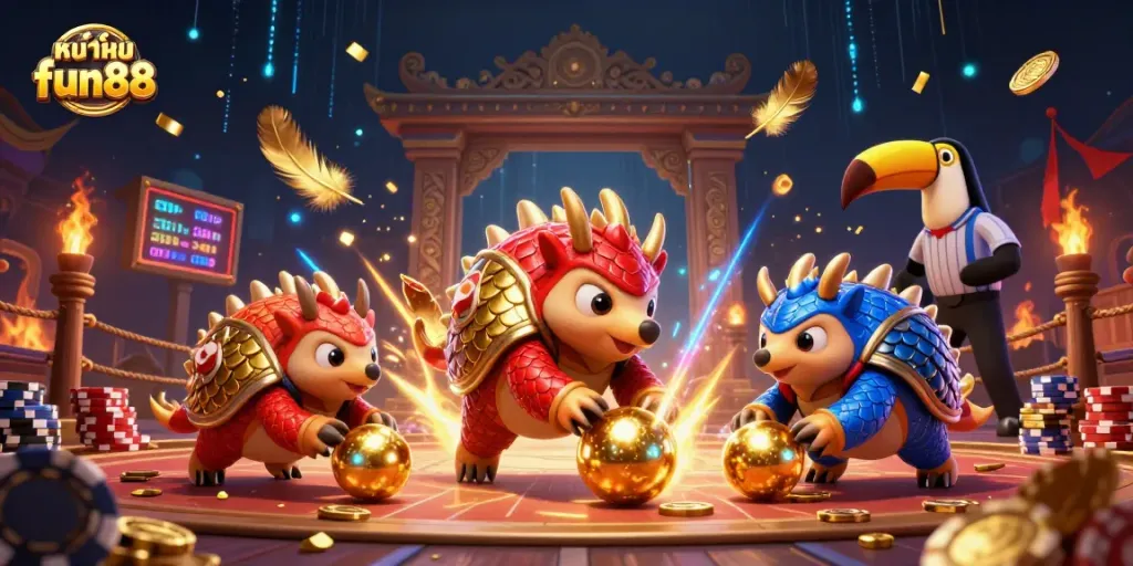 A dynamic illustration of หน้าแรก fun88 featuring rival pangolins in a casino showdown with poker chips and gold chips.