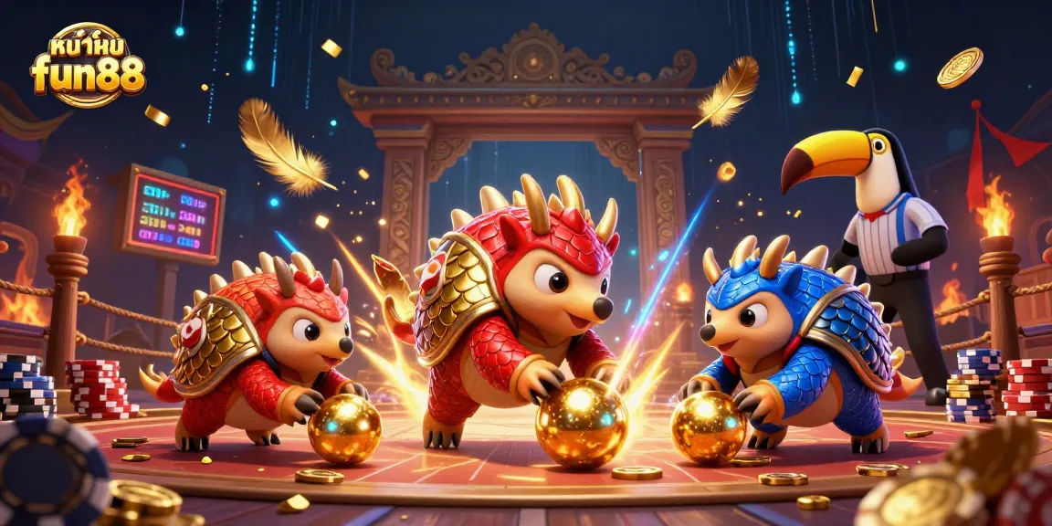 A dynamic illustration of หน้าแรก fun88 featuring rival pangolins in a casino showdown with poker chips and gold chips.