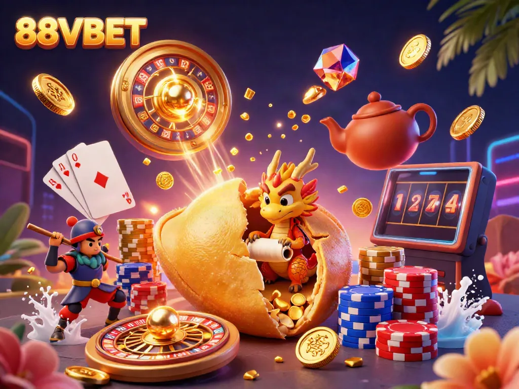 Experience exciting wins at 88VBET with a vibrant 3D casino illustration featuring golden fortune cookie and playful characters.