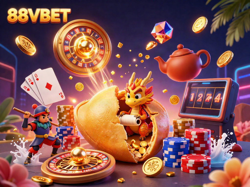 Experience exciting wins at 88VBET with a vibrant 3D casino illustration featuring golden fortune cookie and playful characters.