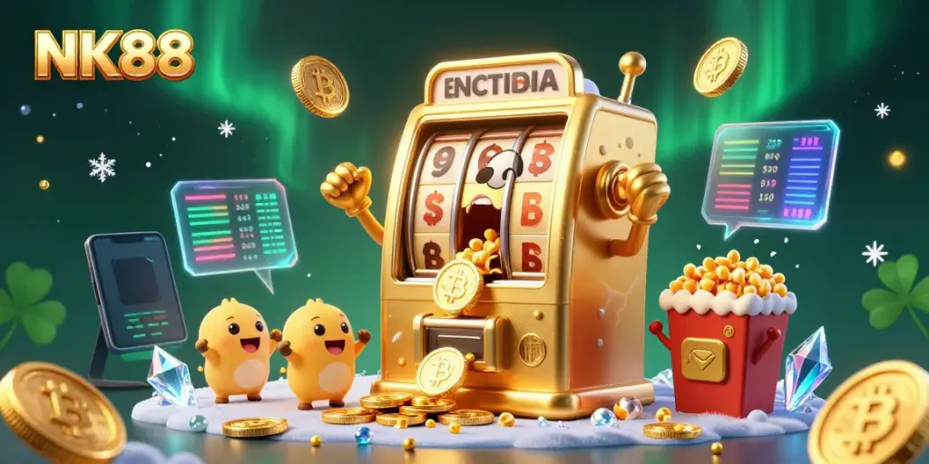 Experience excitement at NK88 with a golden slot machine hitting a jackpot amidst glowing crypto coins and vibrant game elements.