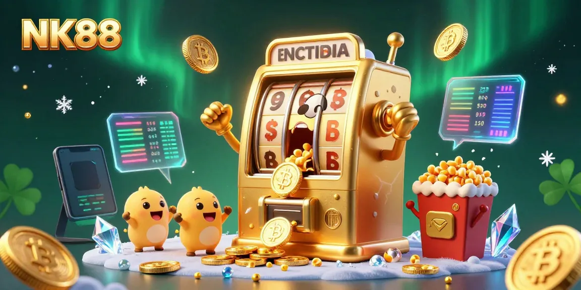 Experience excitement at NK88 with a golden slot machine hitting a jackpot amidst glowing crypto coins and vibrant game elements.