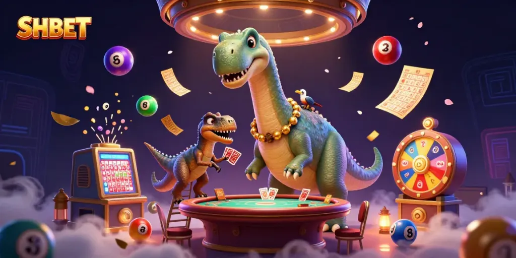 Engage in thrilling gaming at SHBET with a vibrant 3D casino scene filled with excitement and color.
