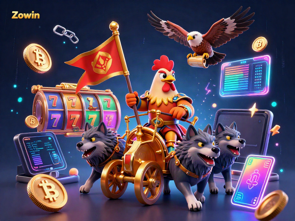 Zowin offers thrilling slots with exciting rewards in a vibrant illustration featuring a rooster warlord.