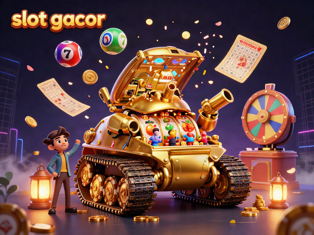 Engage in exciting slot gacor gameplay with a lively casino scene featuring a golden beetle tank.