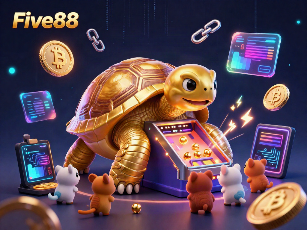 Engage with the thrilling Five88 experience featuring vibrant characters and crypto elements in an immersive casino scene.