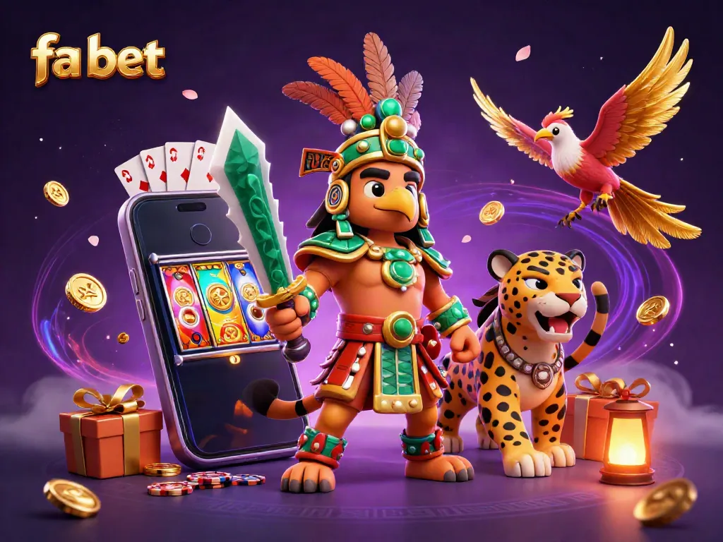 Experience the thrill of fa bet with an Aztec warrior and vibrant gaming elements bursting with energy.