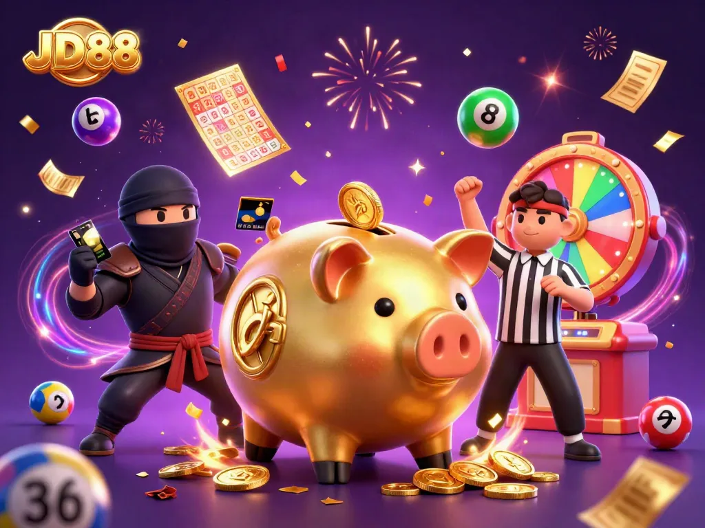 Engage with JD88's vibrant casino action featuring a golden piggy bank sumo wrestler amidst colorful lottery games.