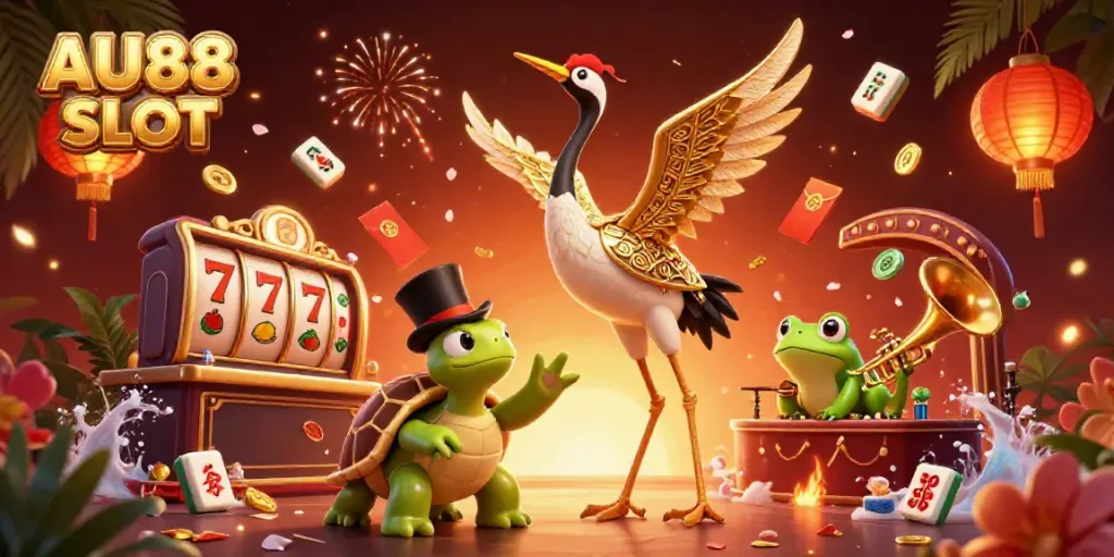 Experience the excitement of AU88 SLOT with a vibrant 3D scene showcasing casino characters and symbols.