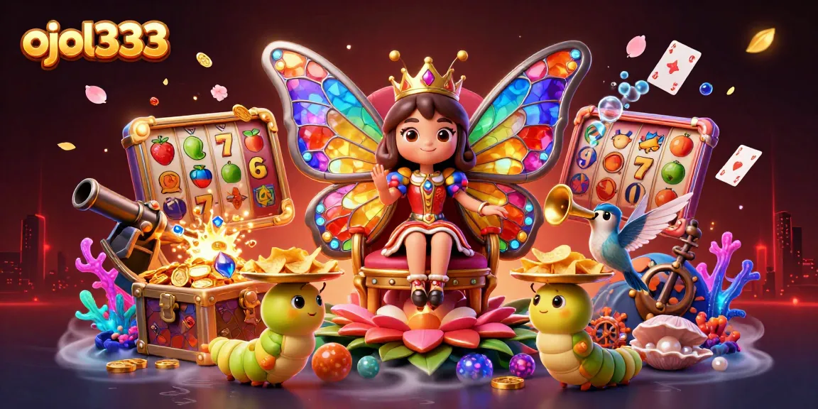 Spin to win at ojol333 with a vibrant 3D scene showcasing casino elements and characters.