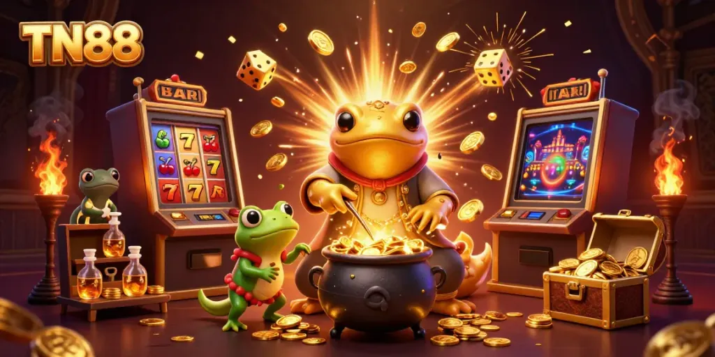 Experience the excitement of TN88 with vibrant casino-themed illustrations showcasing jackpots and gaming thrills.