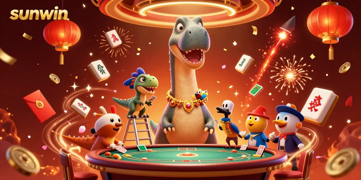 Experience the thrill of sunwin as a massive brontosaurus oversees an exciting casino scene with vibrant characters and game elements.