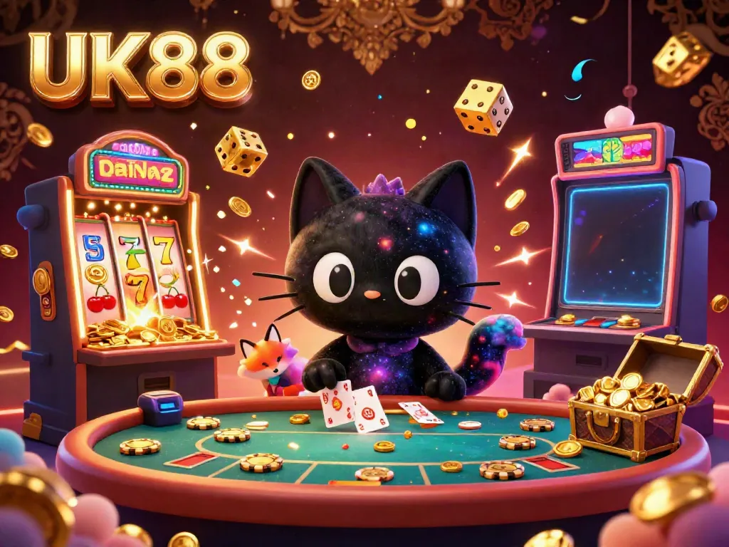 UK88 cat and fox characters engaging at a cosmic casino table, featuring vibrant gaming elements.