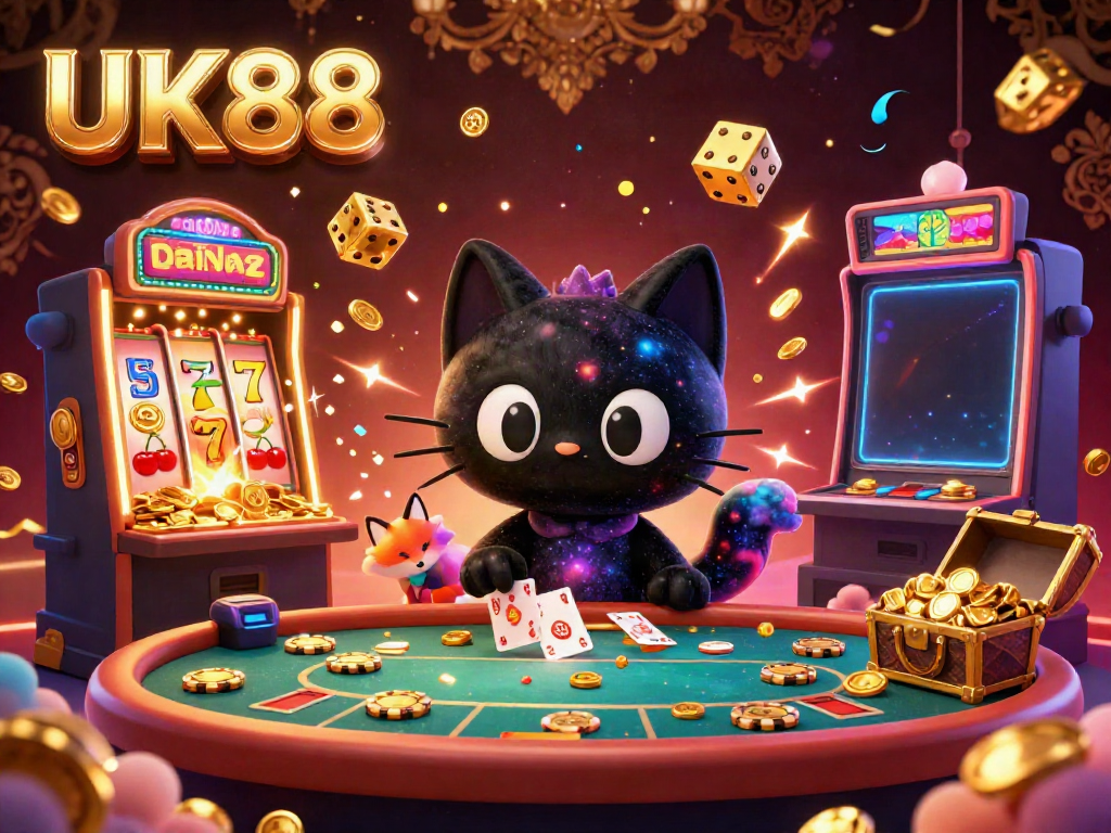 UK88 cat and fox characters engaging at a cosmic casino table, featuring vibrant gaming elements.