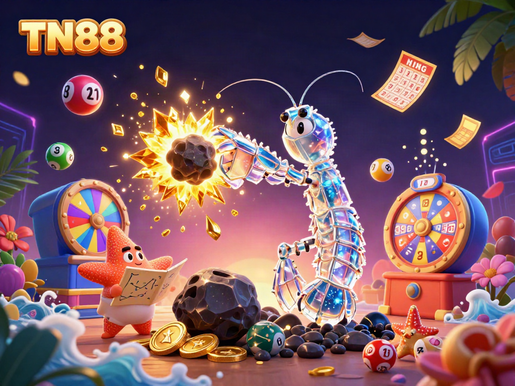 TN88 gambling scene with vibrant characters amidst exploding asteroids and lottery elements