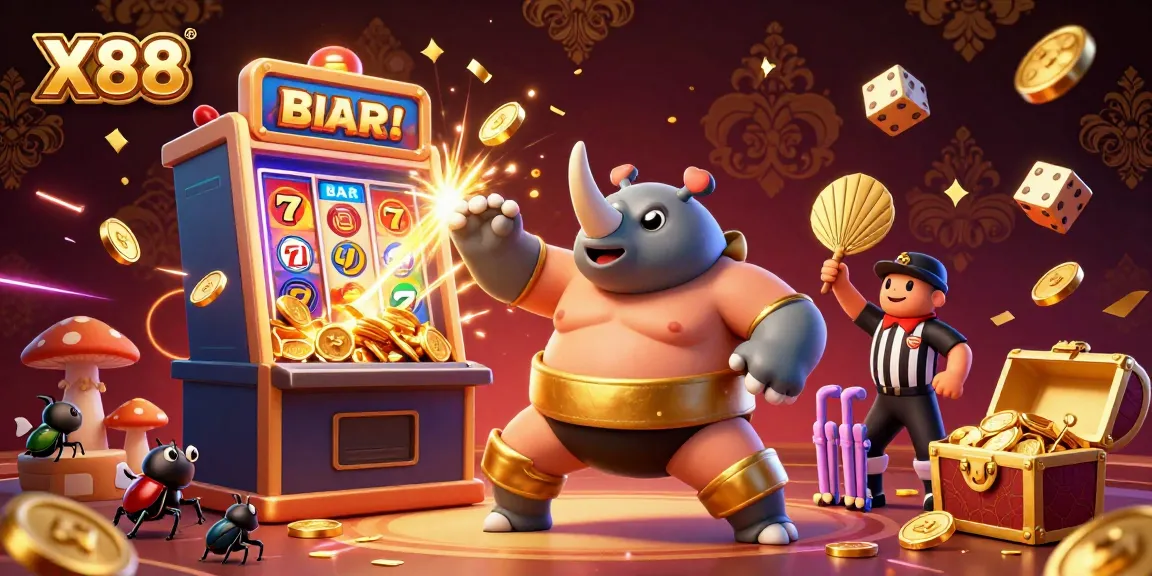 X88 engaging cartoon casino illustration featuring a beetle champion and dazzling slot machine.