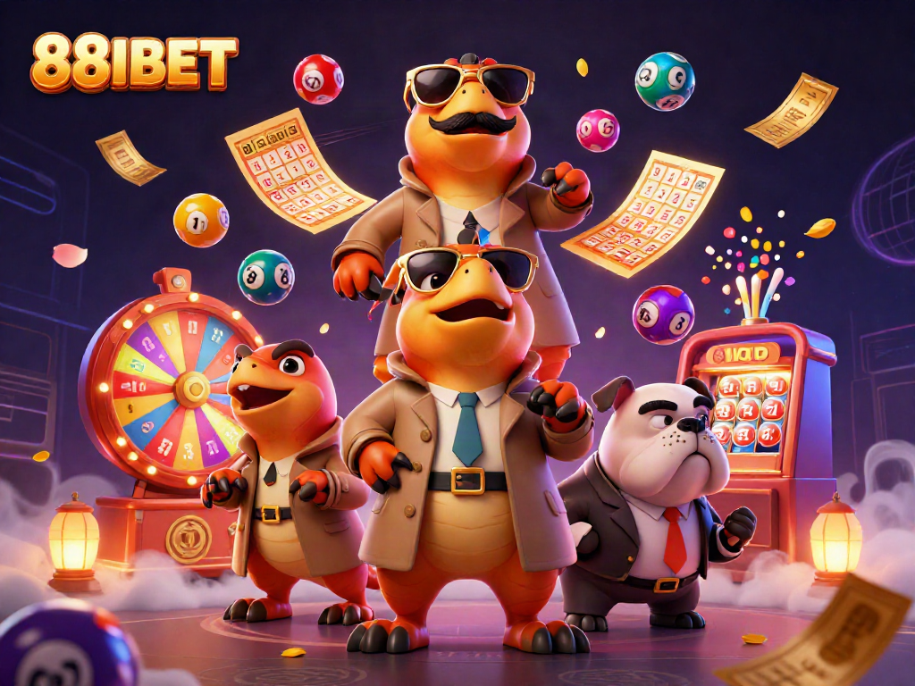 Engage with 88IBET in a dynamic casino scene featuring playful raptors and vibrant lottery elements.